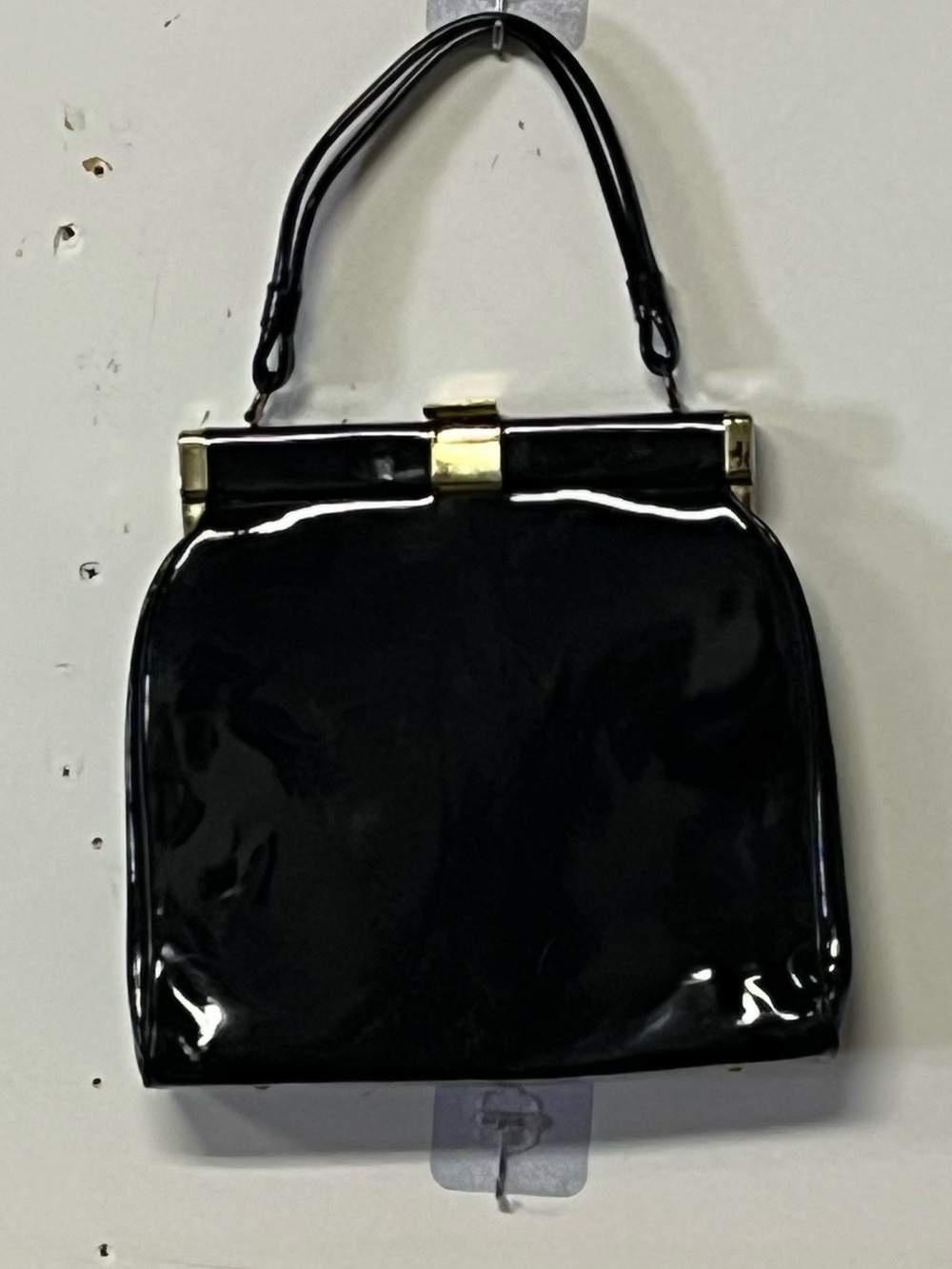 Vintage Black Patent Frame-Top Handbag - Classic Women's Bag Purse Snap Closure